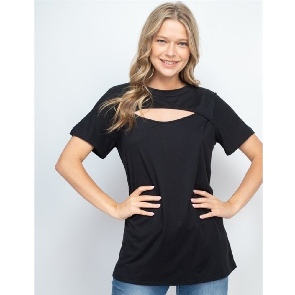Black Cutout Front Short Sleeve Top